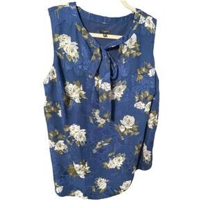 Talbots Woman Floral Top  Tie Neck Sleeveless Navy Blue Blouse Sz 1X